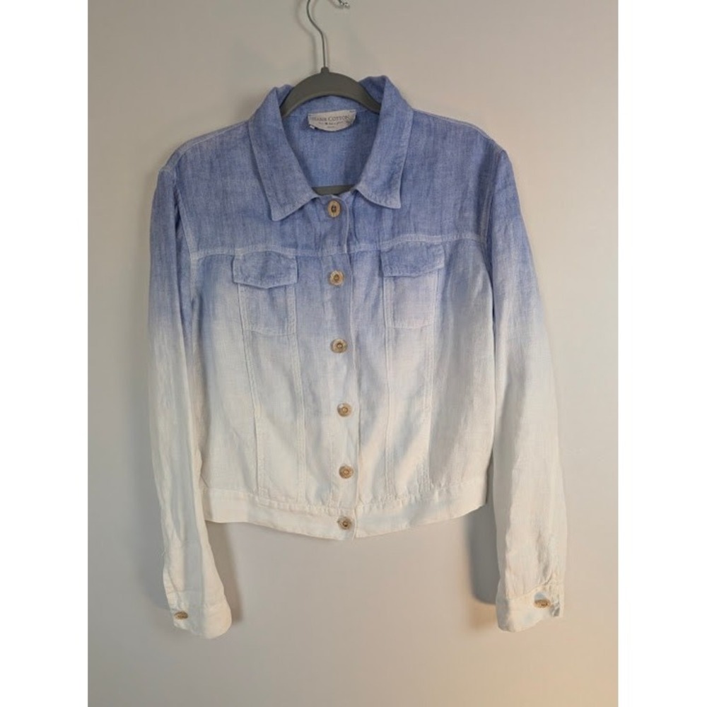 Haris Cotton Cropped Trucker Jacket Womens M Linen Ombre Blue White Dip Dye